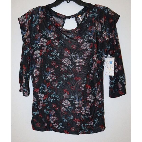 Free People Women's Sz S Black Combo Floral Print Dock Street Knit Blouse $68 - Picture 1 of 3